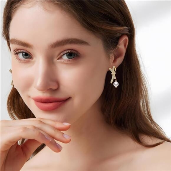 Pearl Bow Earrings | 18K Gold Plated Studs | Dainty Minimalist Jewelry - Picture 3 of 6